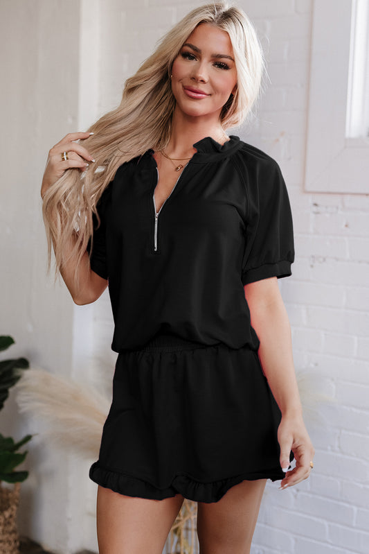 Half Zip Puff Sleeve Top and Ruffled Shorts Set
