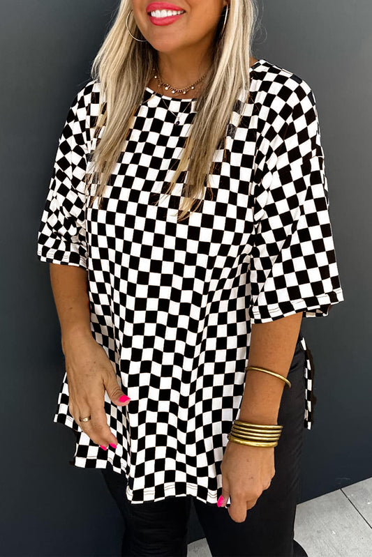 Checkered Print Side Slits O Neck Plus Size T Shirt