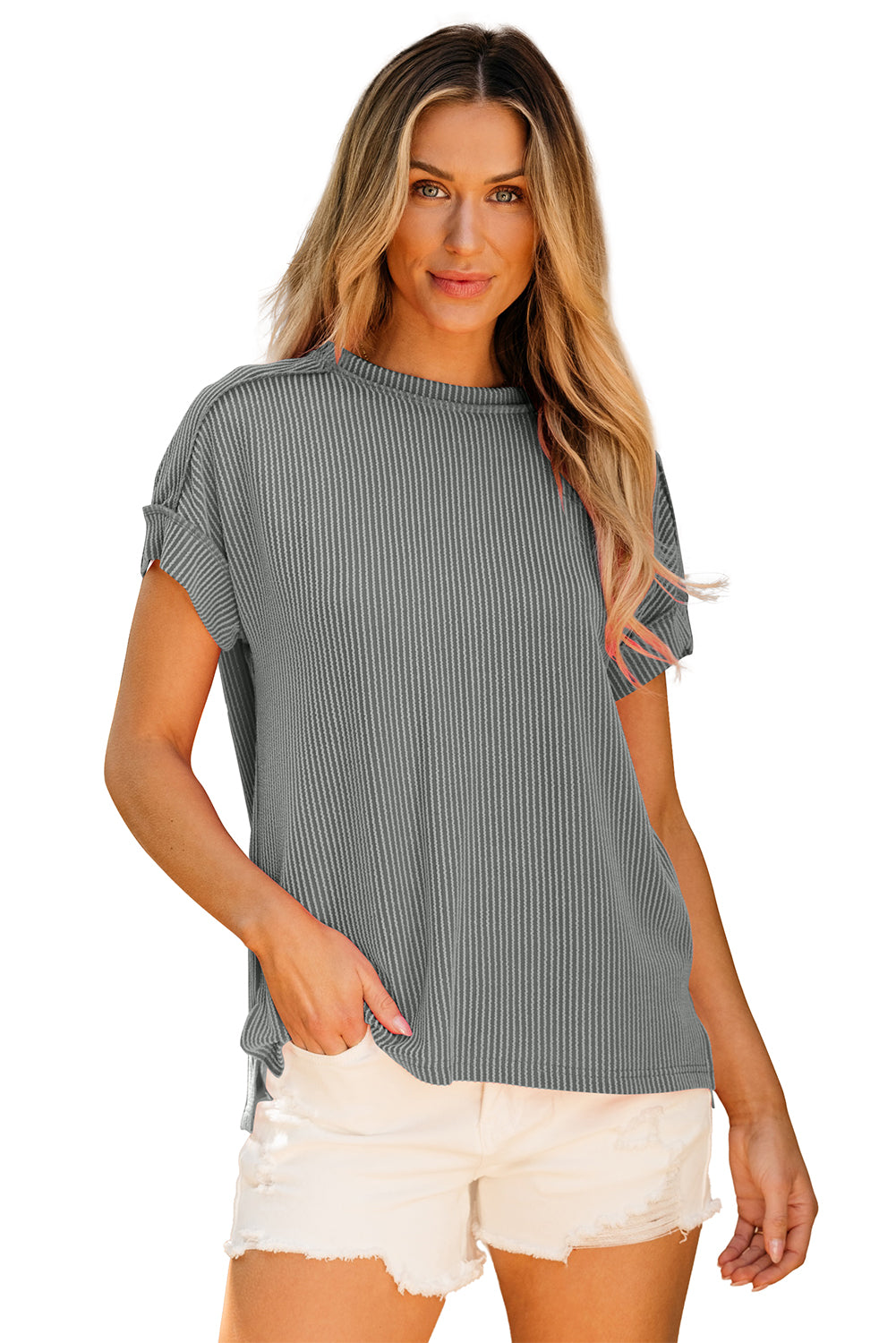 Textured Knit Exposed Stitching T-shirt