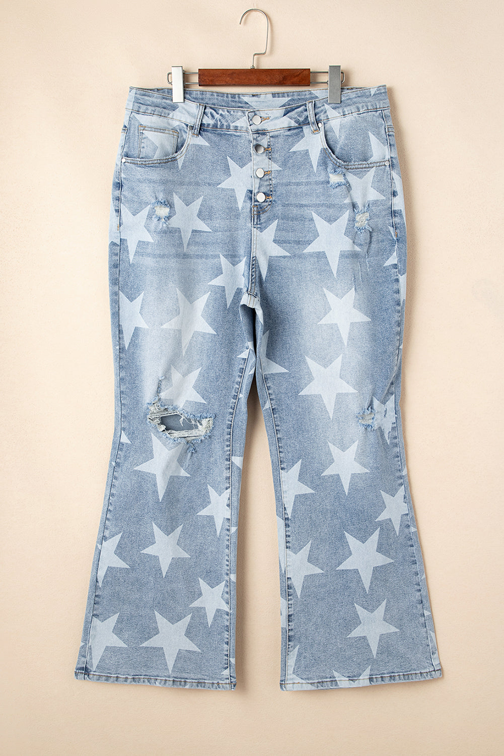 Star Printed Multi Buttons Slit Knee Destroyed Plus Size Jeans