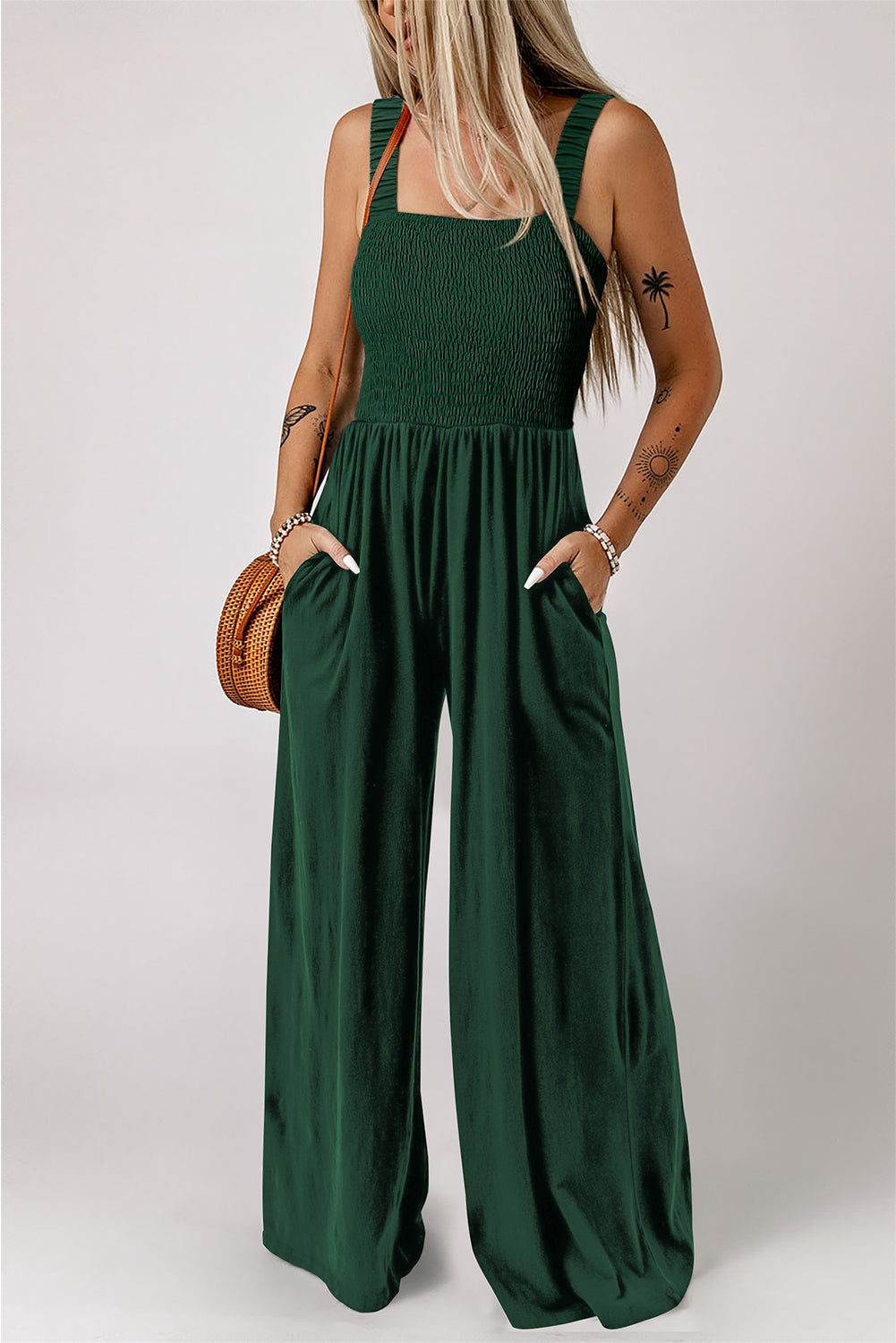 Smocked Sleeveless Wide Leg Jumpsuit with Pockets