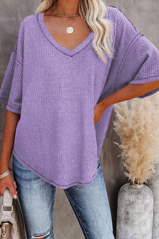 Exposed Seam Half Sleeve Knitted V Neck Textured Top