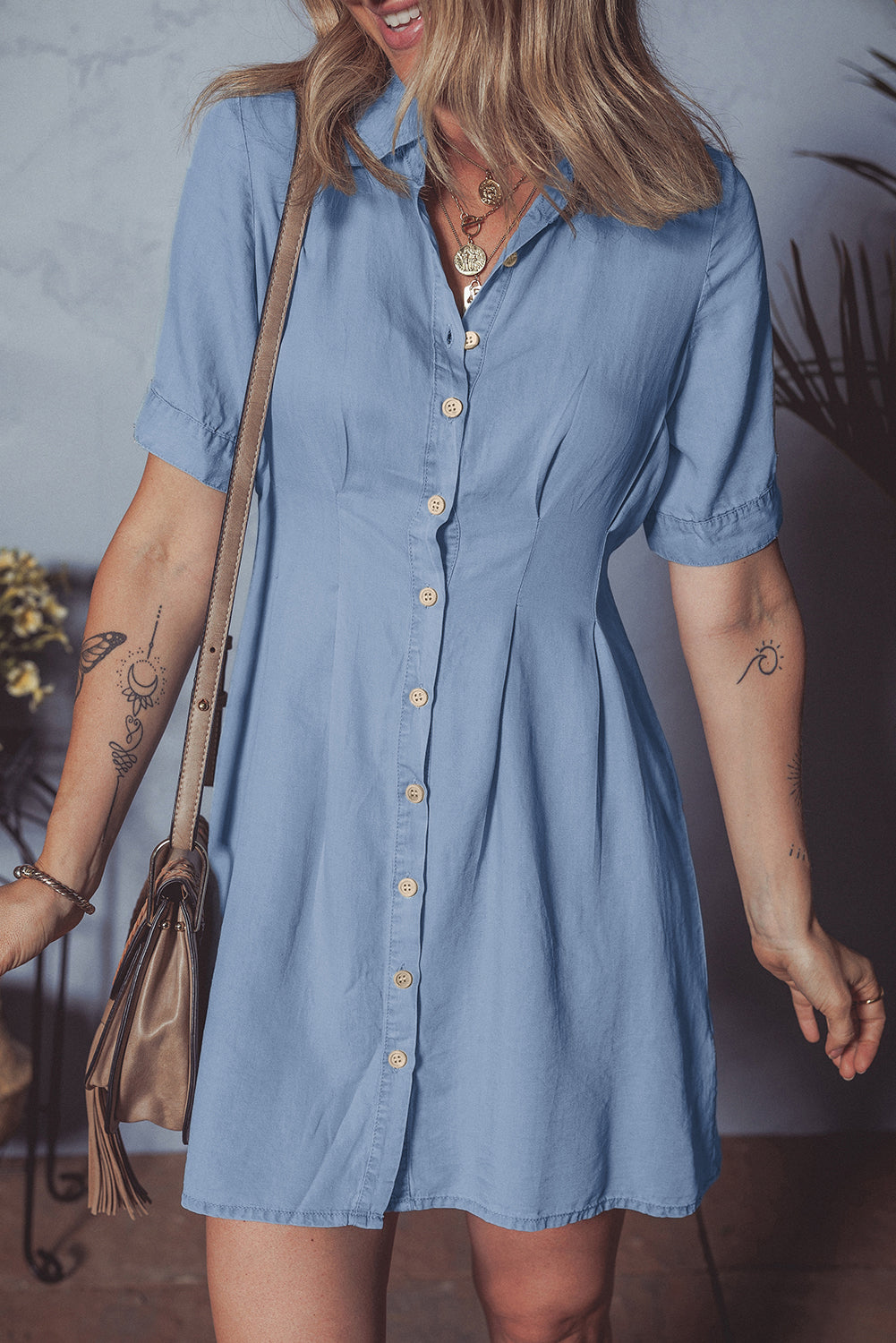 Denim Pleated Slim Waist Short Sleeve Shirt Dress
