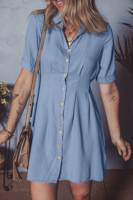Denim Pleated Slim Waist Short Sleeve Shirt Dress