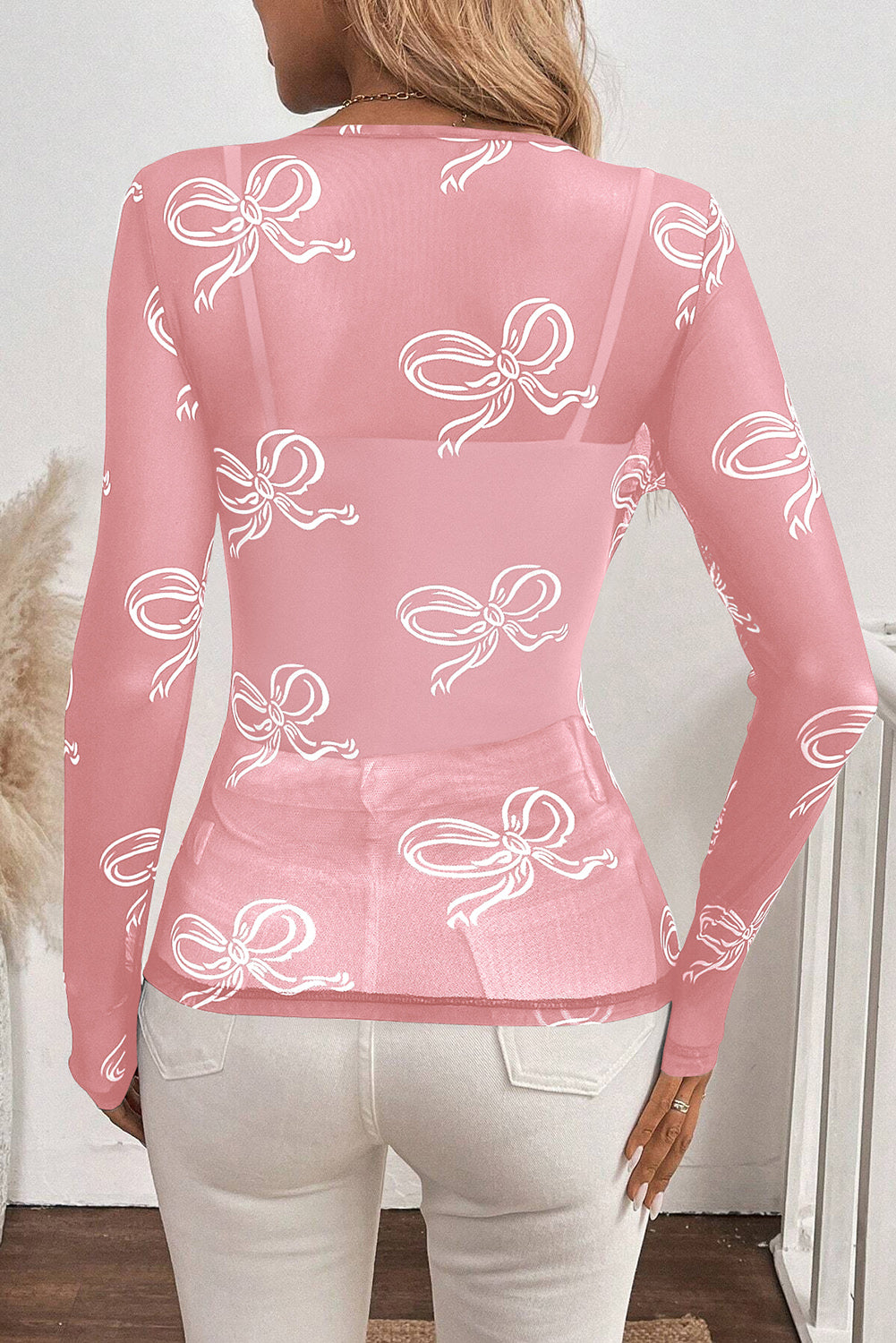 Round Neck Bow Print Long Sleeve Mesh Top