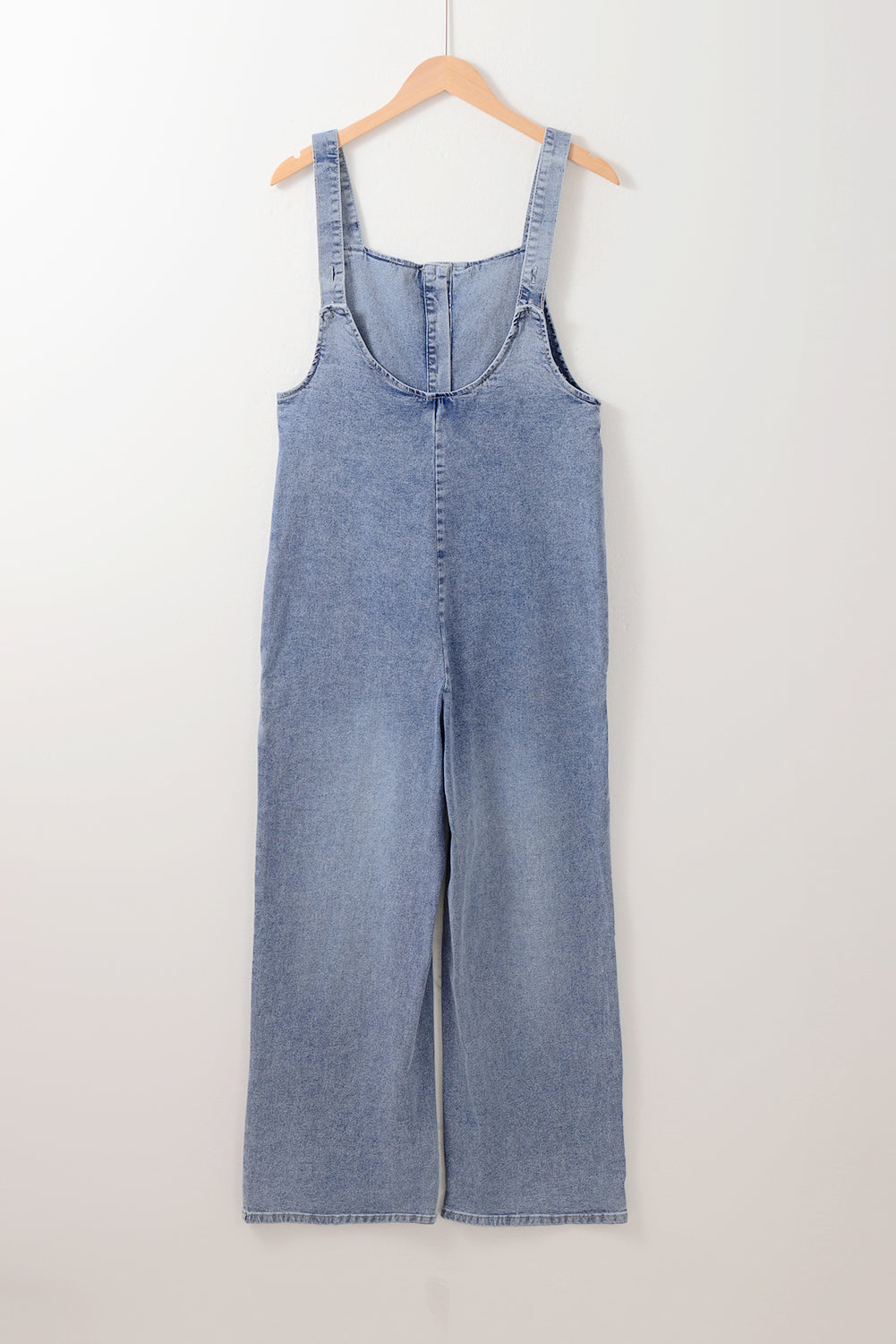 Washed Denim Half Buttons Patched Pocket Wide Leg Overalls