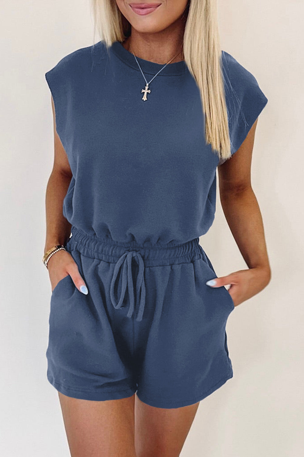 Knit Open Back Cap Sleeve Drawstring Romper