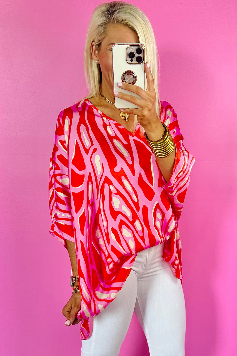 Abstract Print V Neck Batwing Sleeve Oversized Blouse