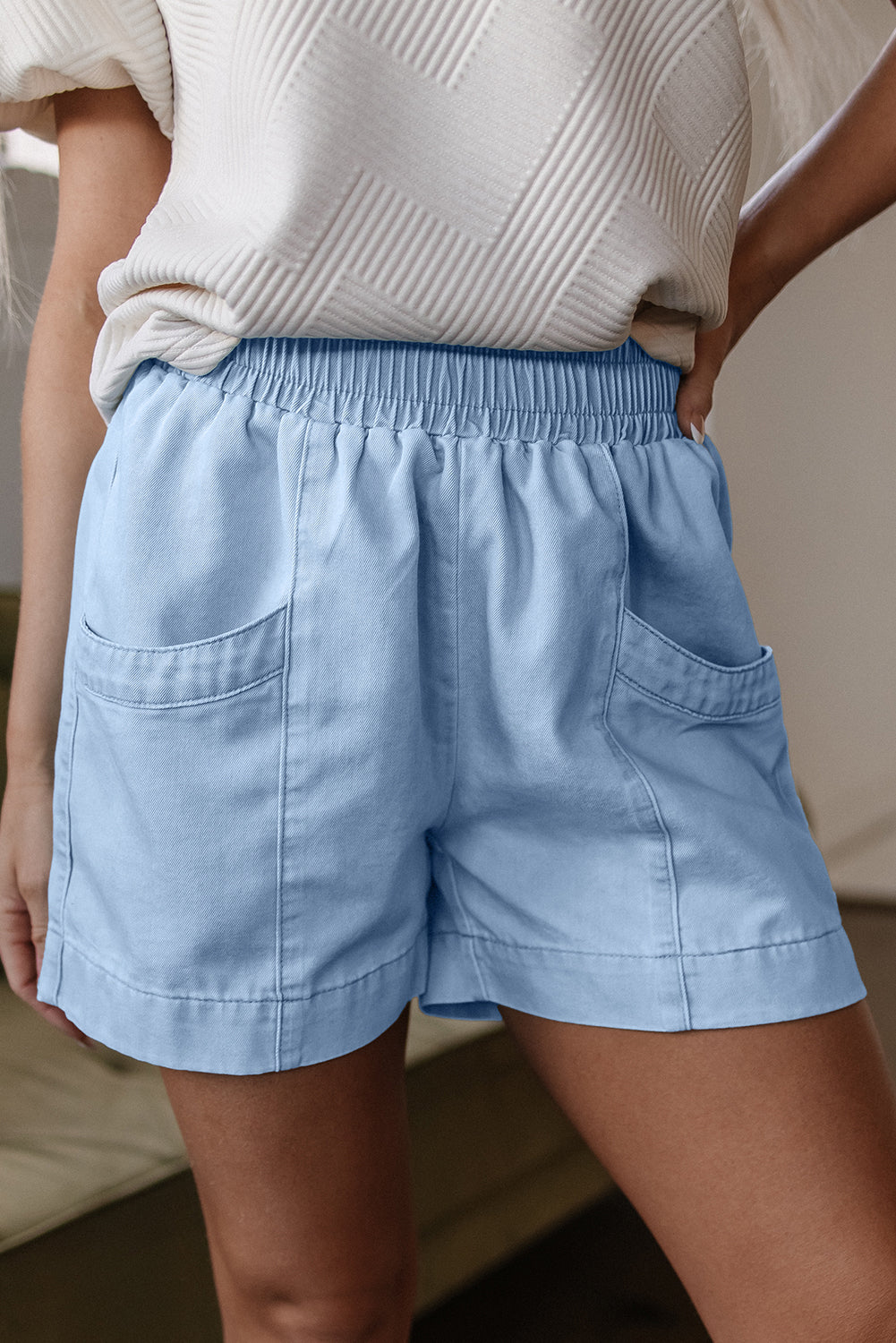 Light Wash Pocketed Wide Leg Denim Shorts