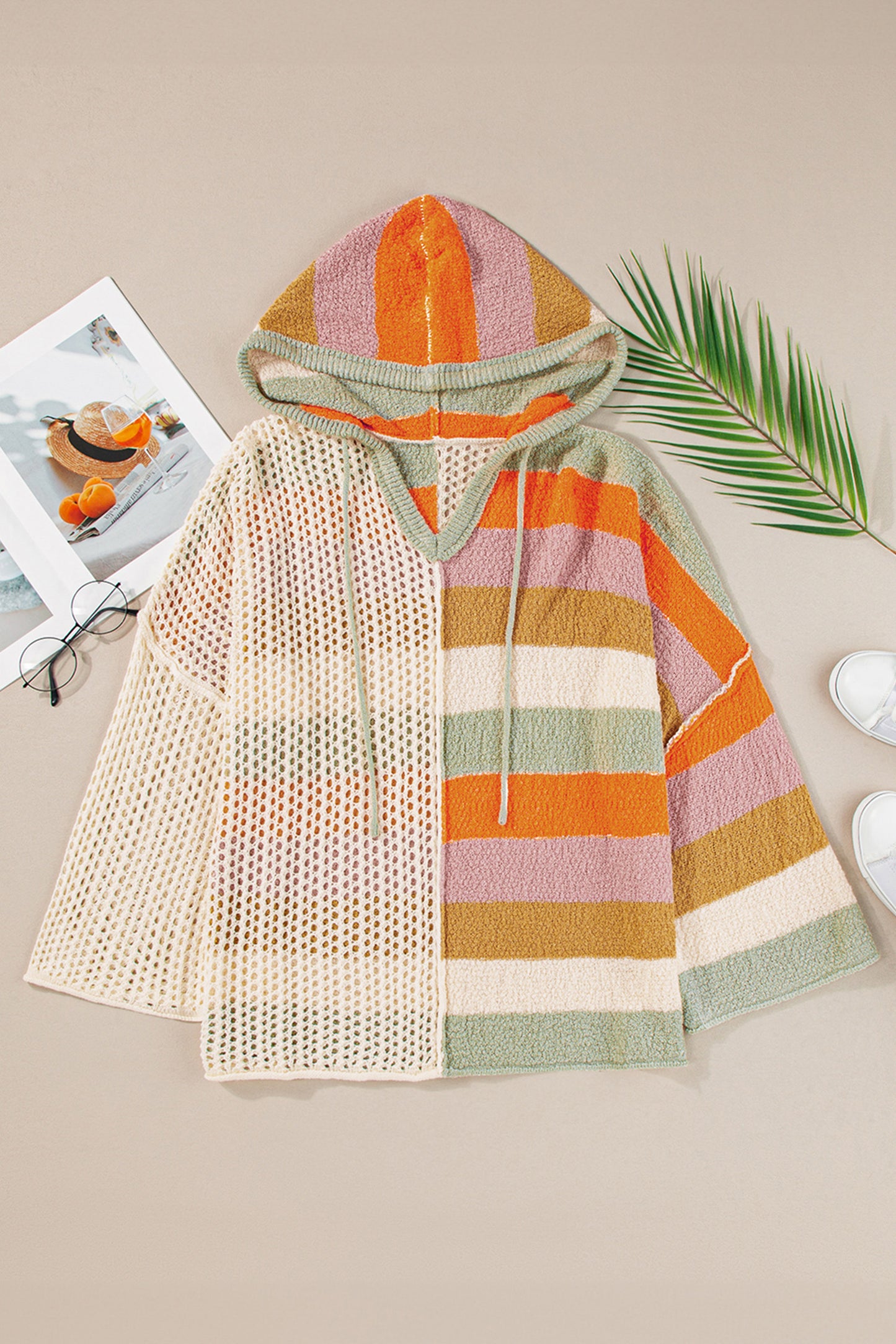 Oversized Colorblock V Neck Hooded Sweater