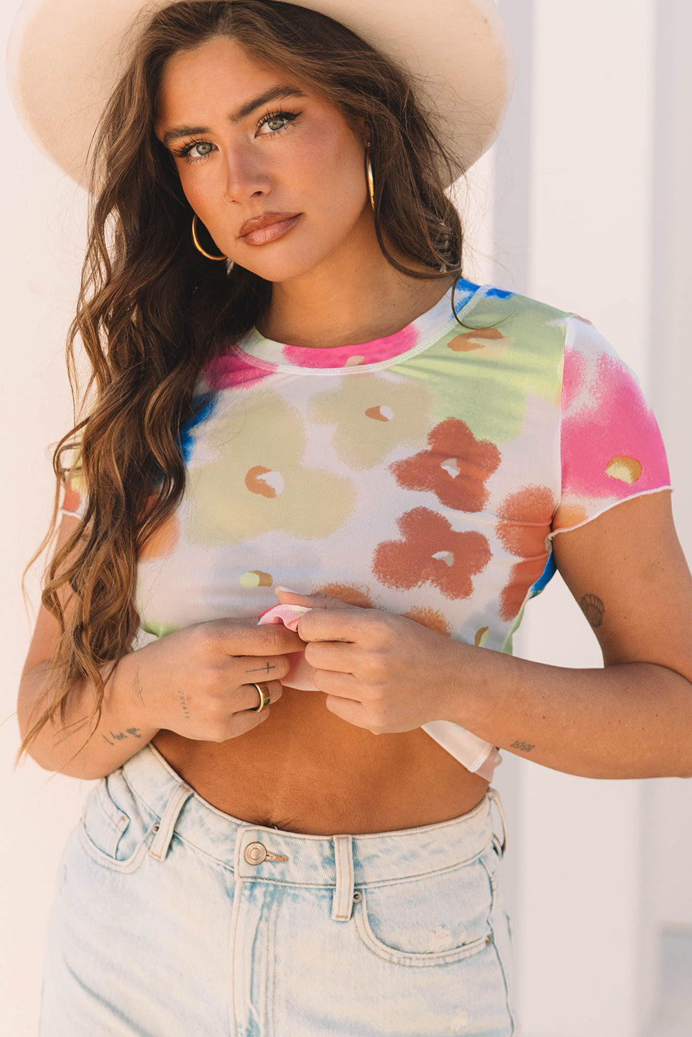 Floral Mesh Lettuce Trim Cropped T Shirt