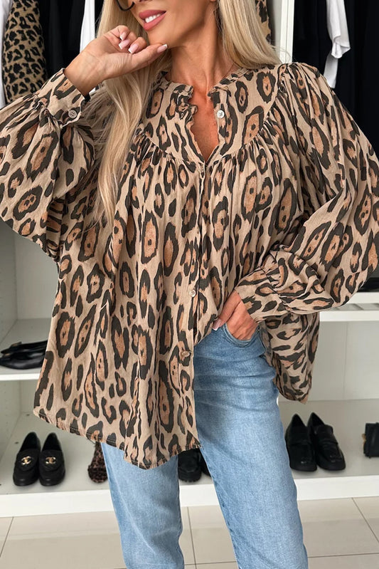 Oversized Leopard Print Balloon Sleeve Casual Shirt