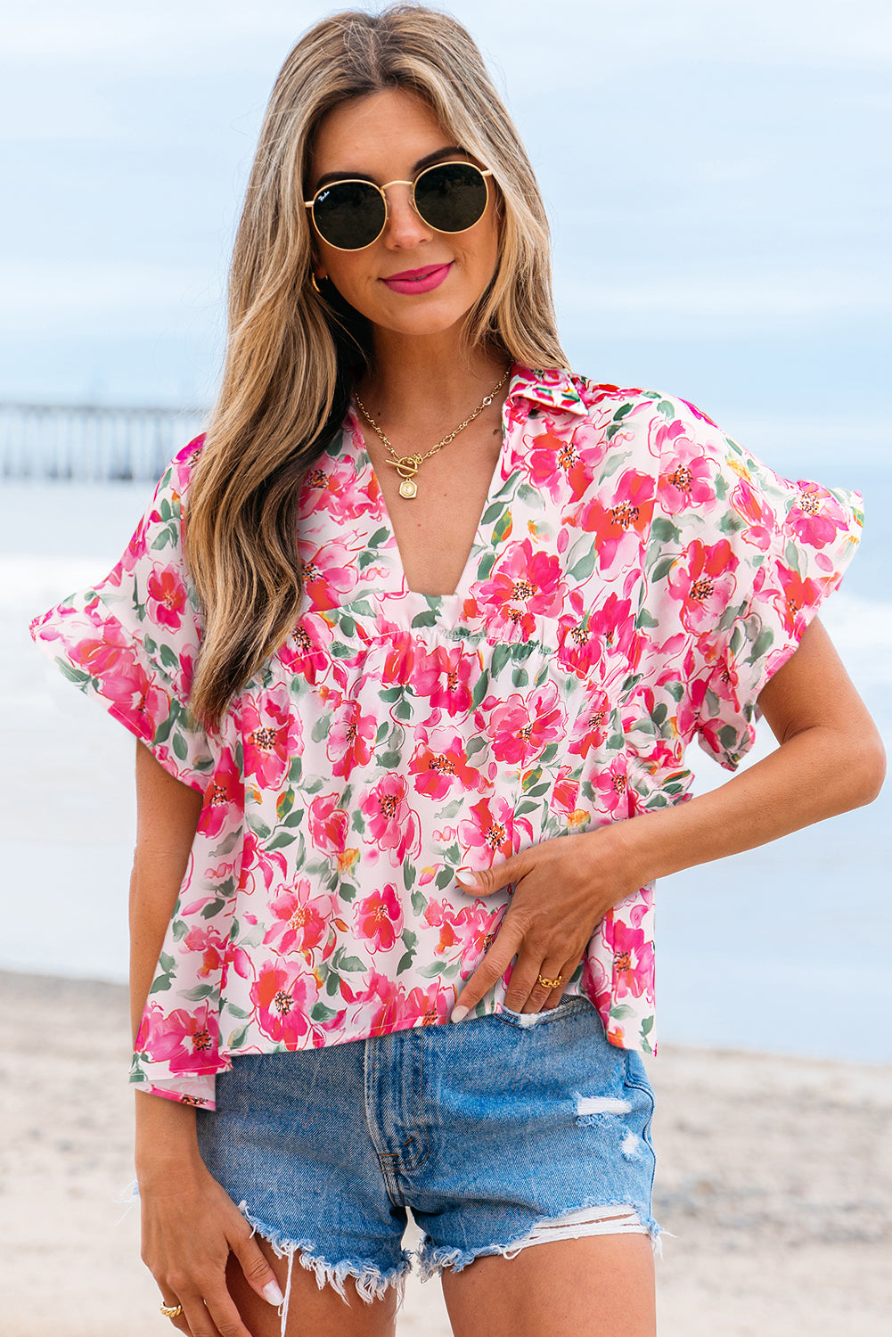 Floral Boxy Fit Ruffled Short Sleeve V Neck Blouse