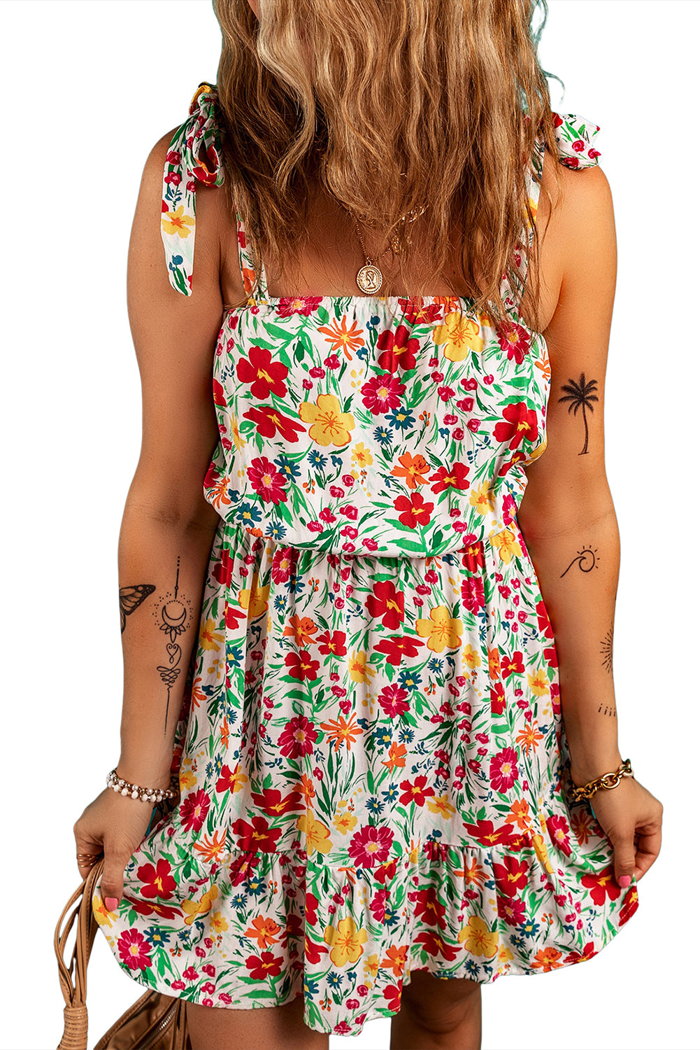 Floral Knotted Straps Cinched Waist Ruffle Hem Mini Dress