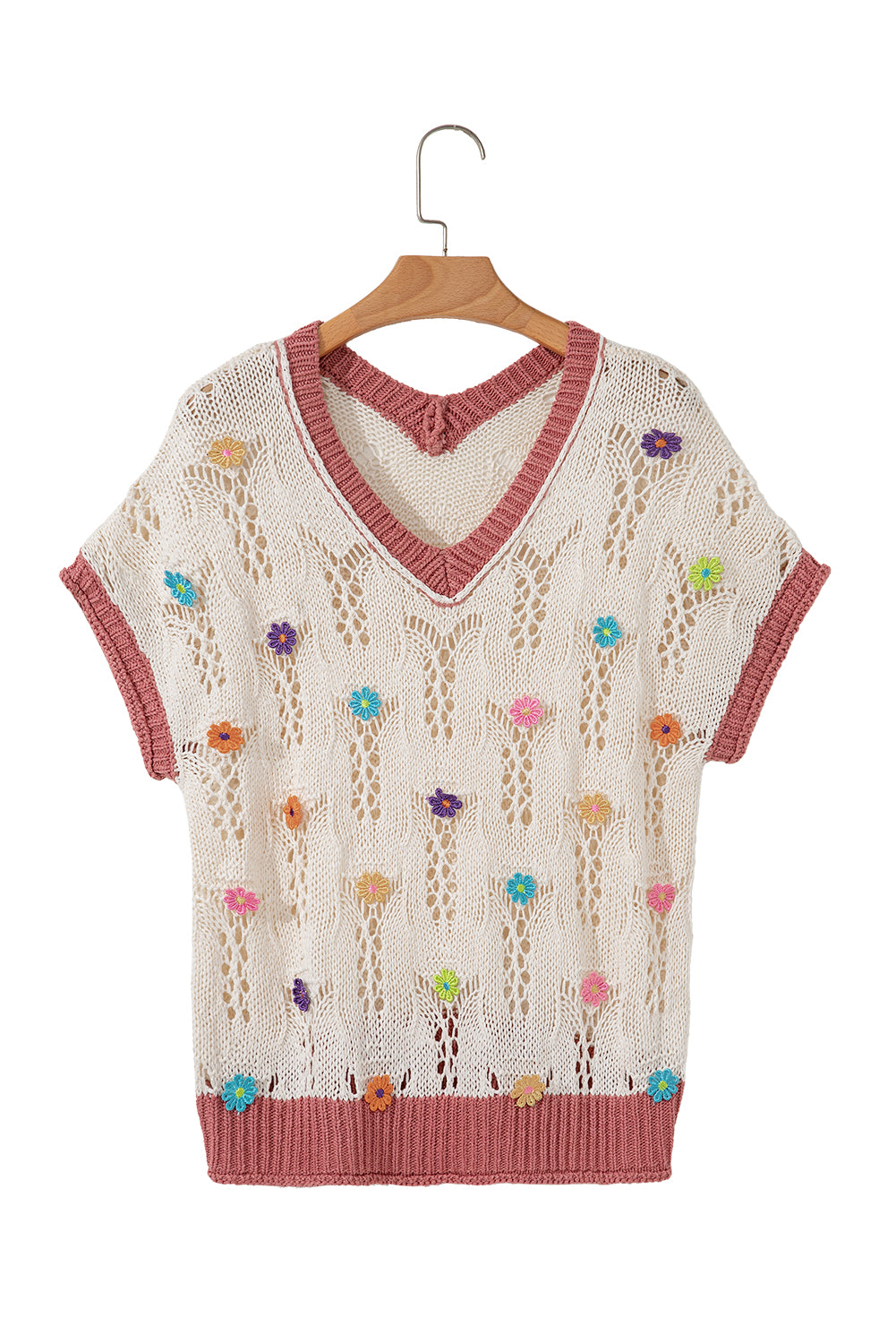 Embroidered Flowers Colorblock Edge Hollowed Sweater