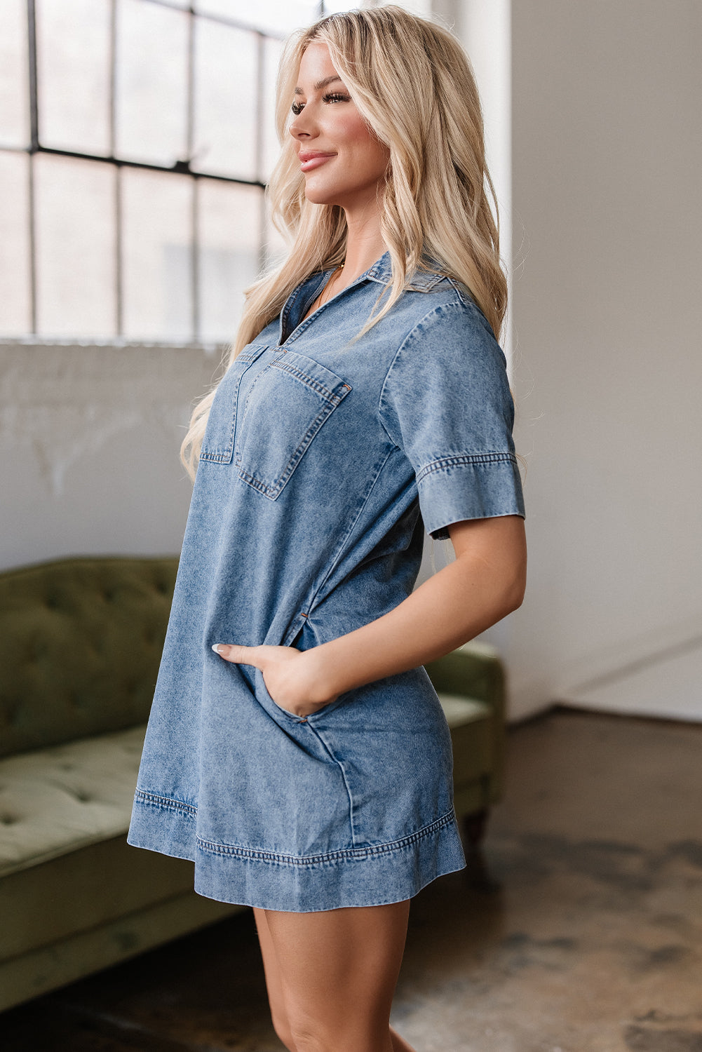 Short Sleeve Collared Patched Pocket Denim Mini Dress