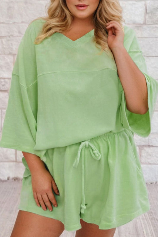 Green Plus Size V Neck Drop Shoulder Tee Loose Shorts 2pcs Outfit