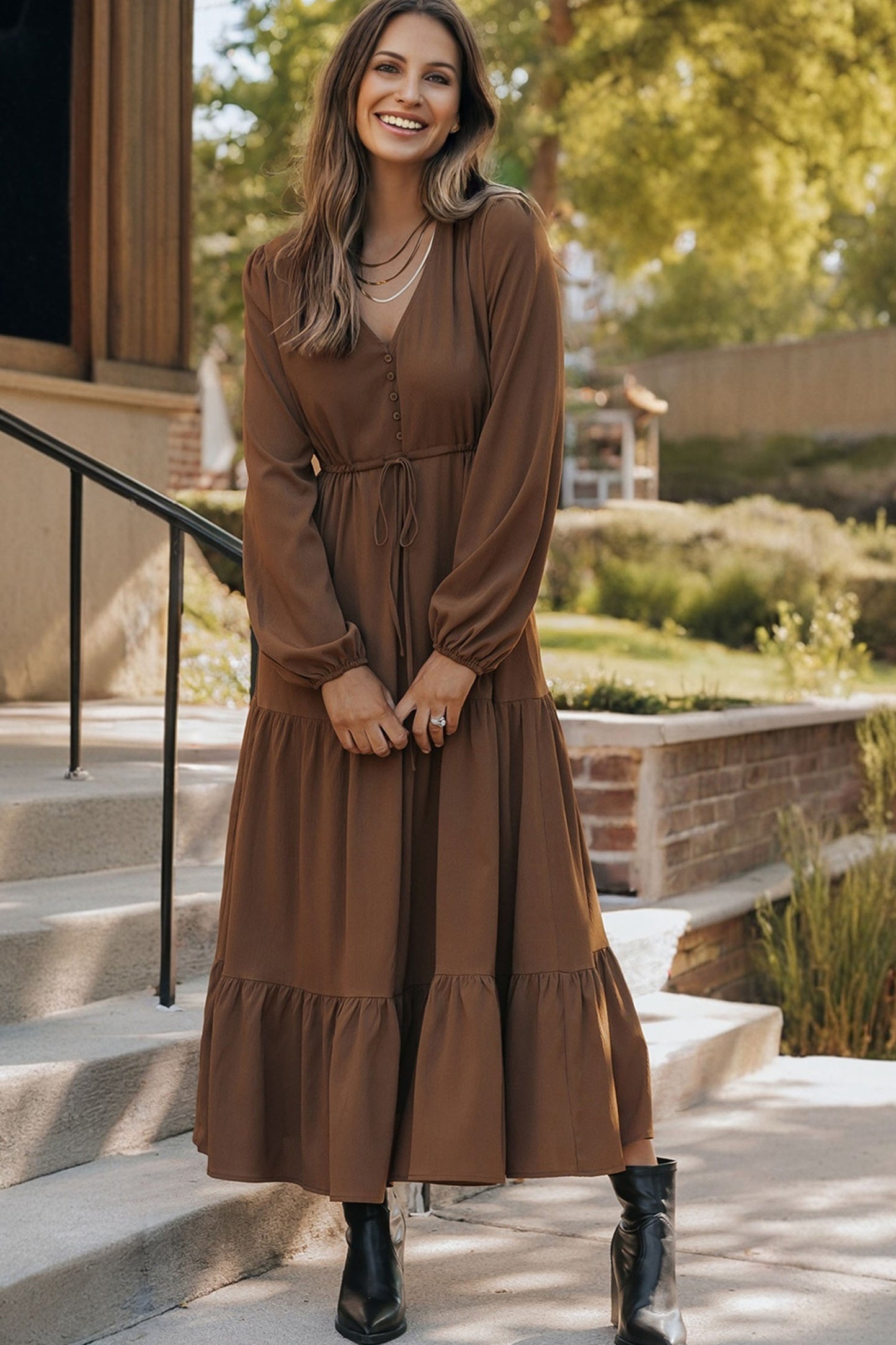 Solid Long Sleeve Button V Neck Tiered Maxi Dress