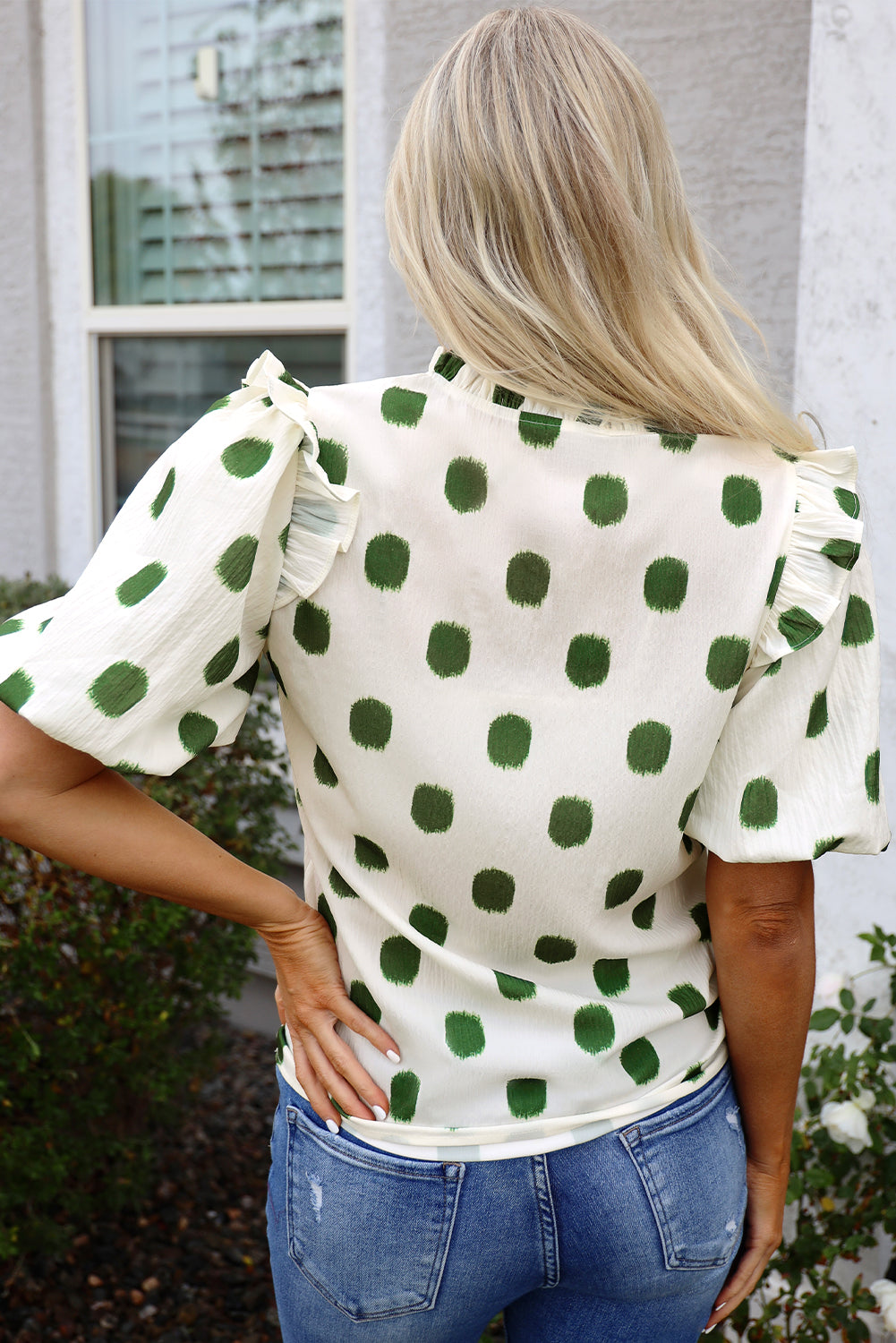 Polka Dot Print Shirred Yoke Notched Neck Balloon Sleeve Blouse