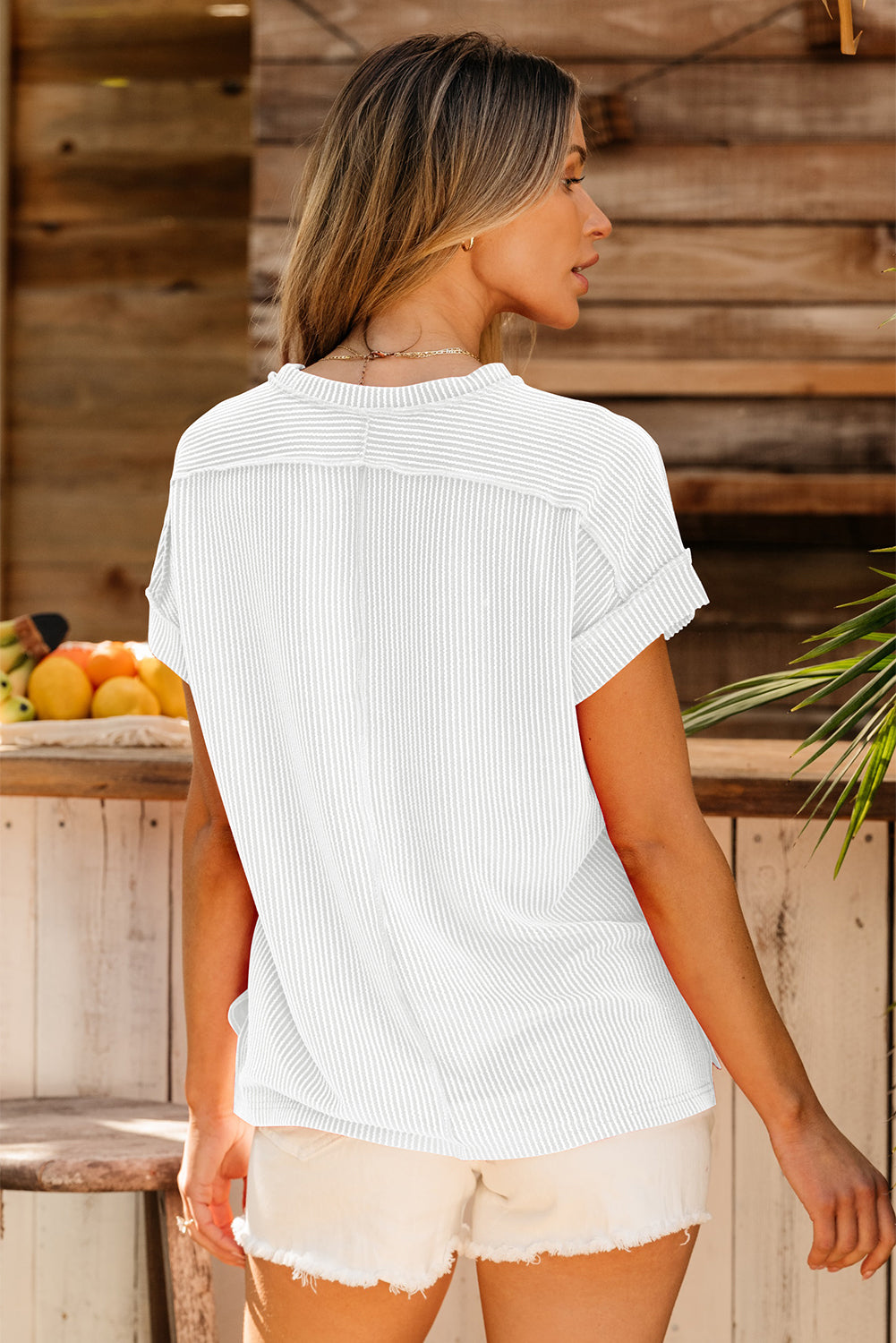 Textured Knit Exposed Stitching T-shirt