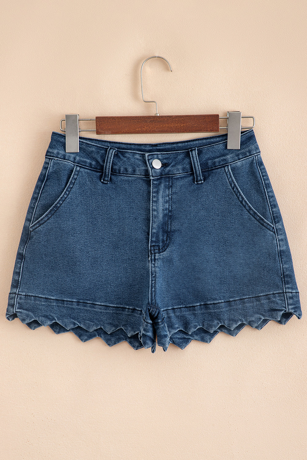 Scalloped Hemline Acid Wash High Waist Denim Shorts