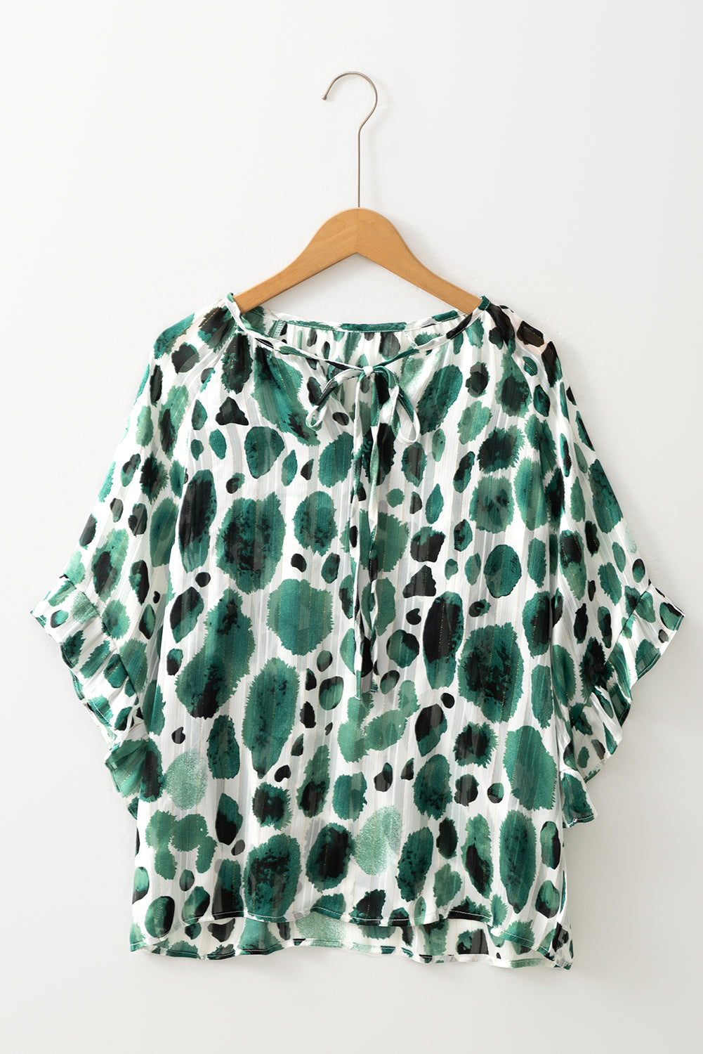 Metallic Threading Accents Pleated Abstract Printed Ruffled 3/4 Sleeve Blouse