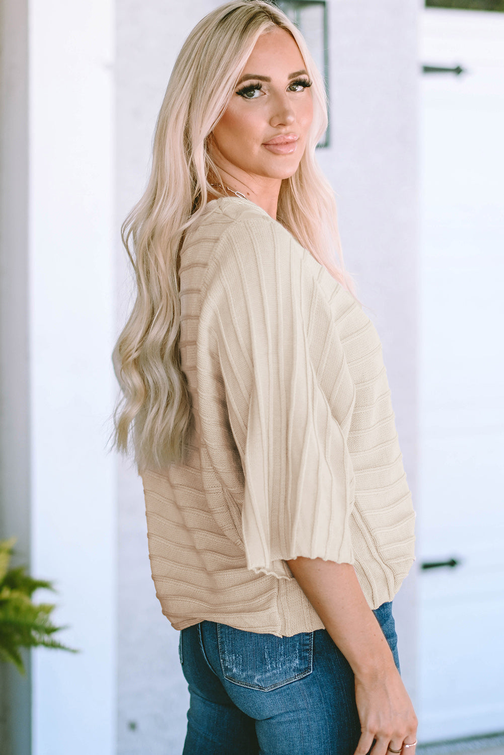 Exposed Seam Ribbed Knit Dolman Top