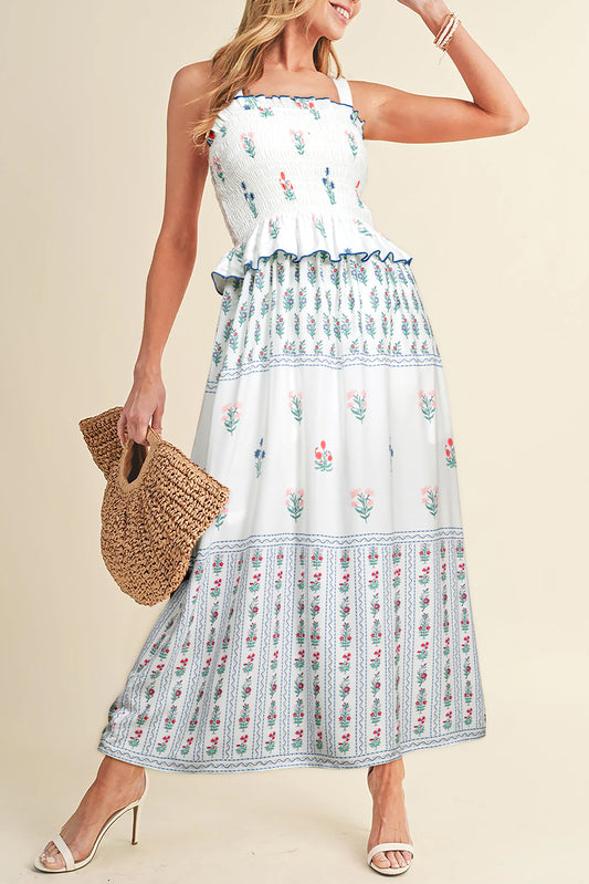 Floral Print Smocked Ruffled Sleeveless Maxi Dress