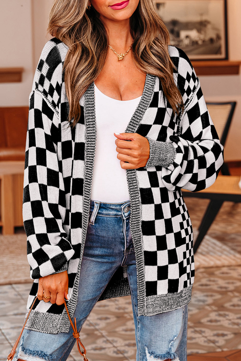 Checkered Open Front Drop Shoulder Cardigan