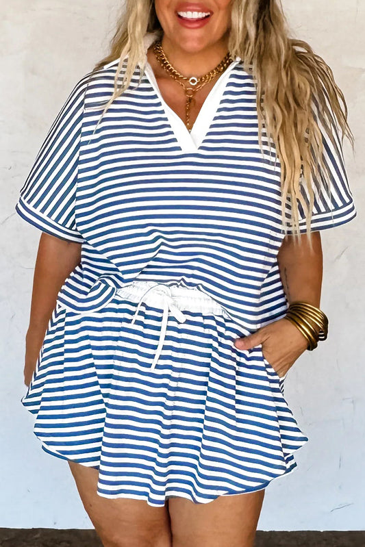 Short Sleeve Collared V Neck Top Plus Size Skort Set