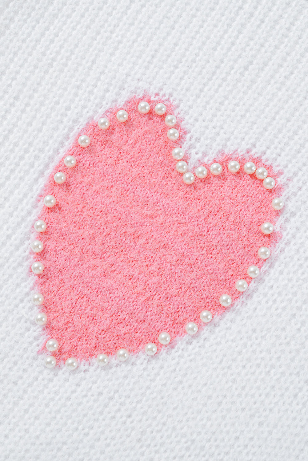 Pearl Beaded Heart Pattern Fuzzy V Neck Sweater