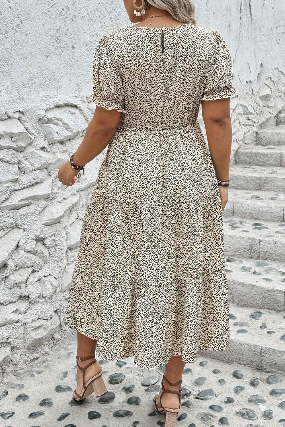 Plus Size Leopard Print Frill Trim Short Sleeve Flared Dress