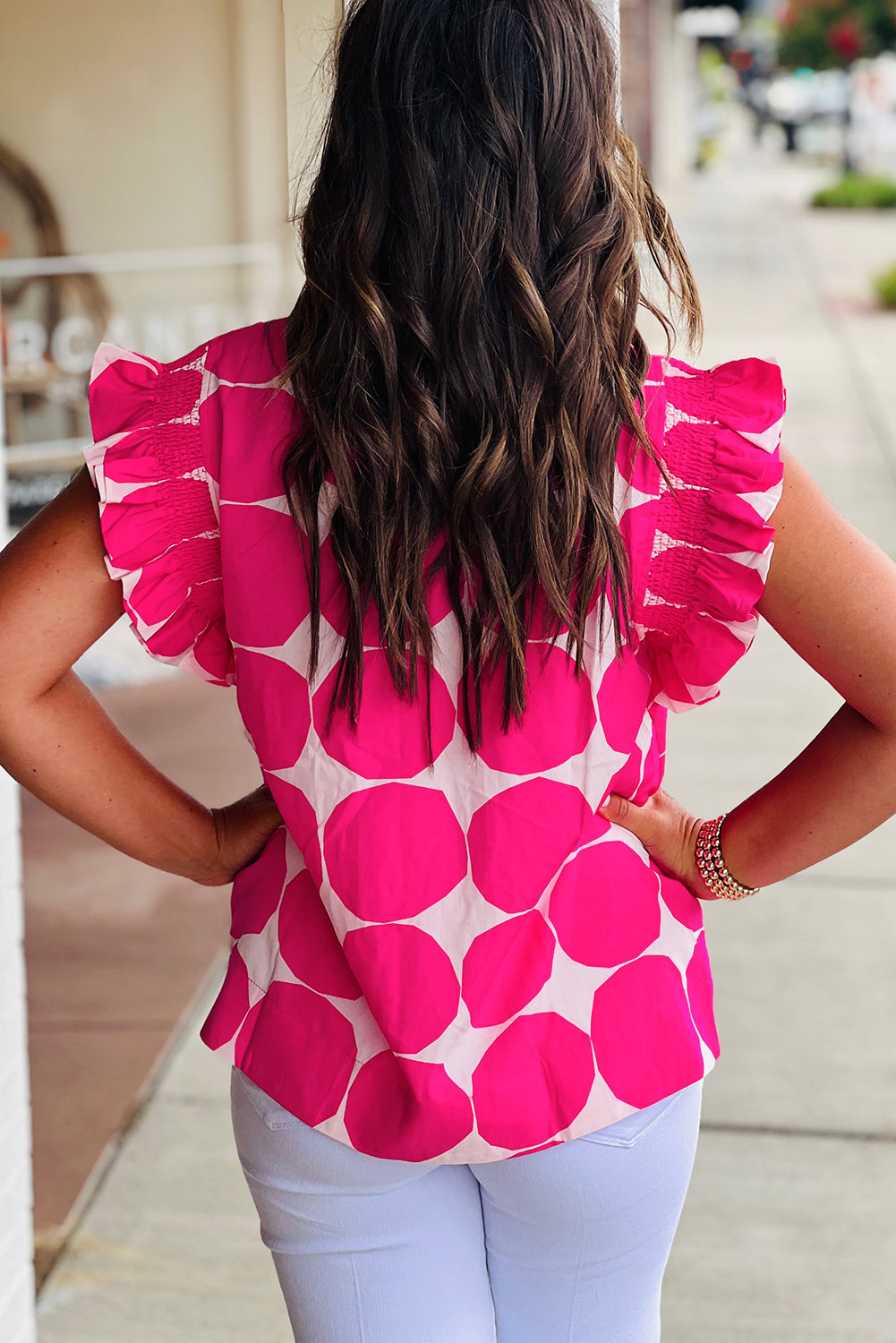 Bubblegum Pattern Frilled Collar Flutter Sleeve Top