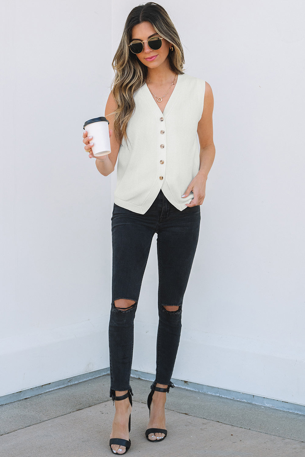 V Neck Buttoned Sweater Vest