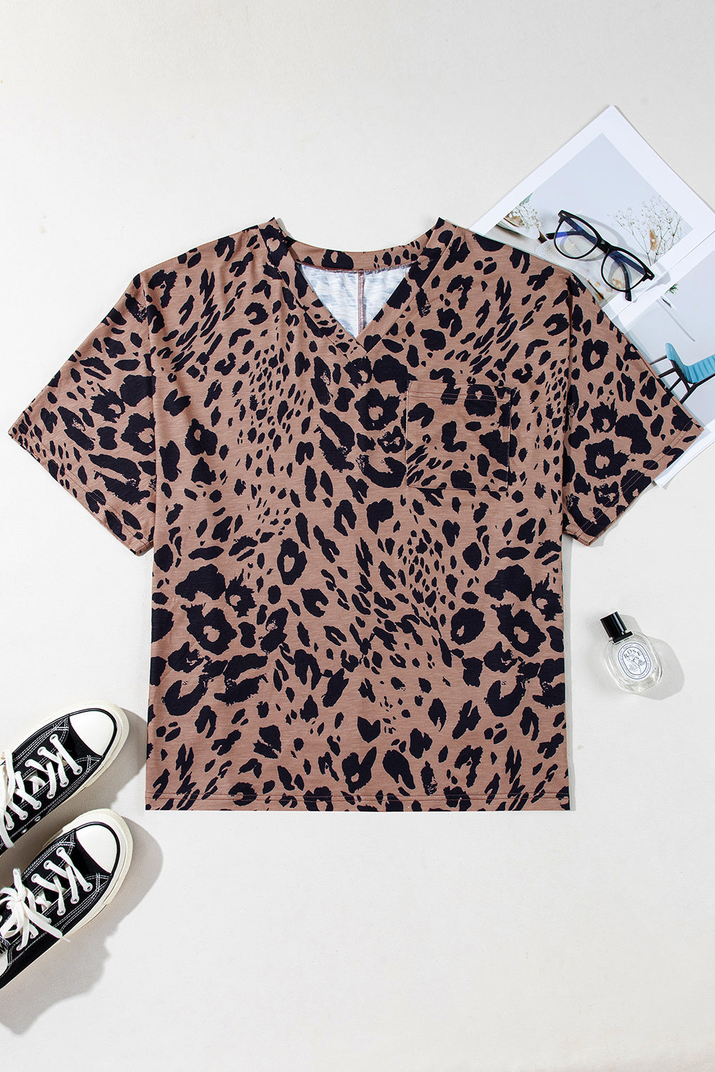 Leopard Print V Neck Half Sleeve Oversized Tee