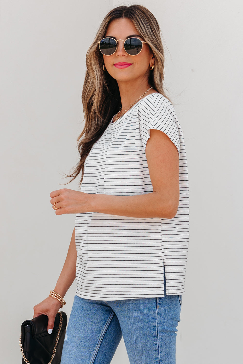 Stripe Cap Sleeve Crew Neck Casual Tee with Chest Pocket