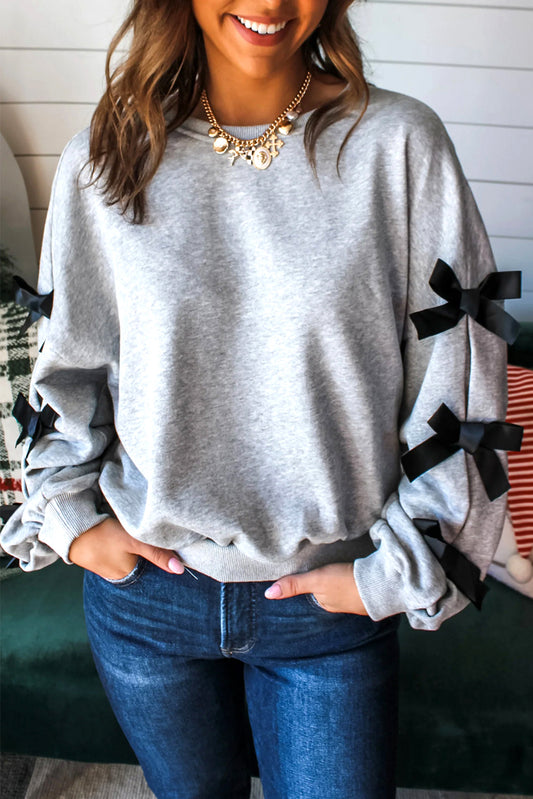 Contrast Bow Applique Drop Sleeve Round Neck Sweatshirt