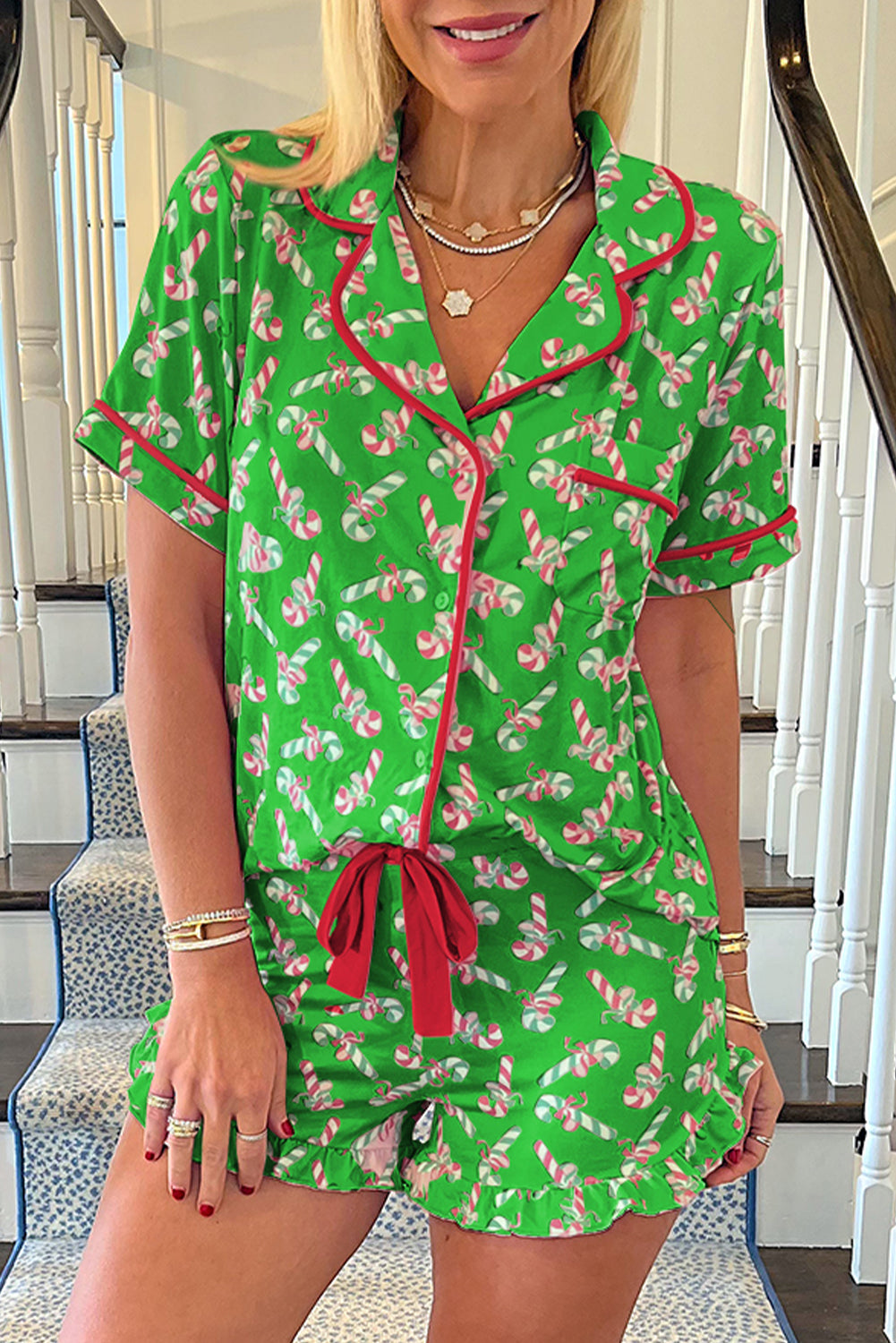 Christmas Candy Cane Print Pocketed Knotted Pajama Set