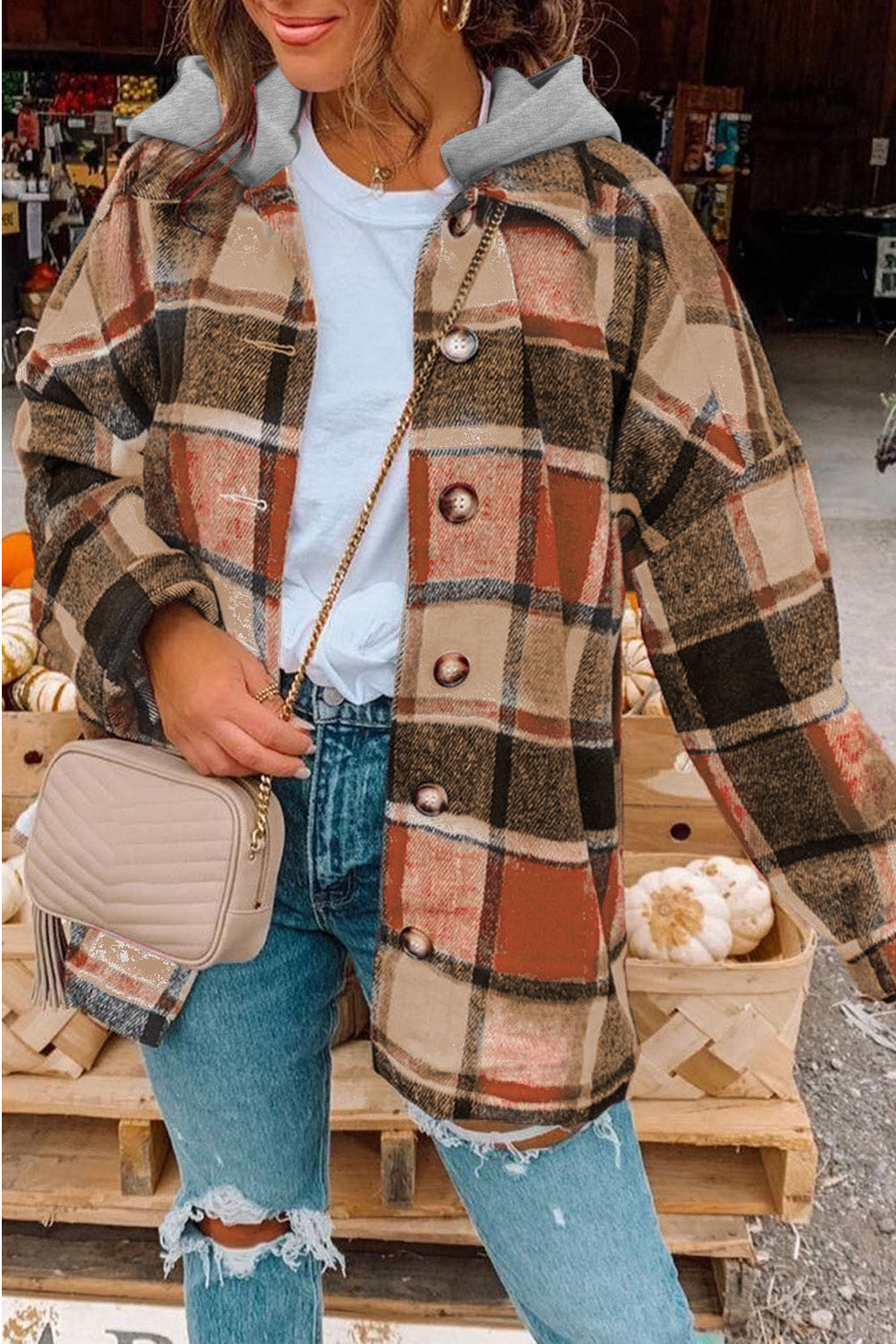 Hooded Plaid Button Front Shacket