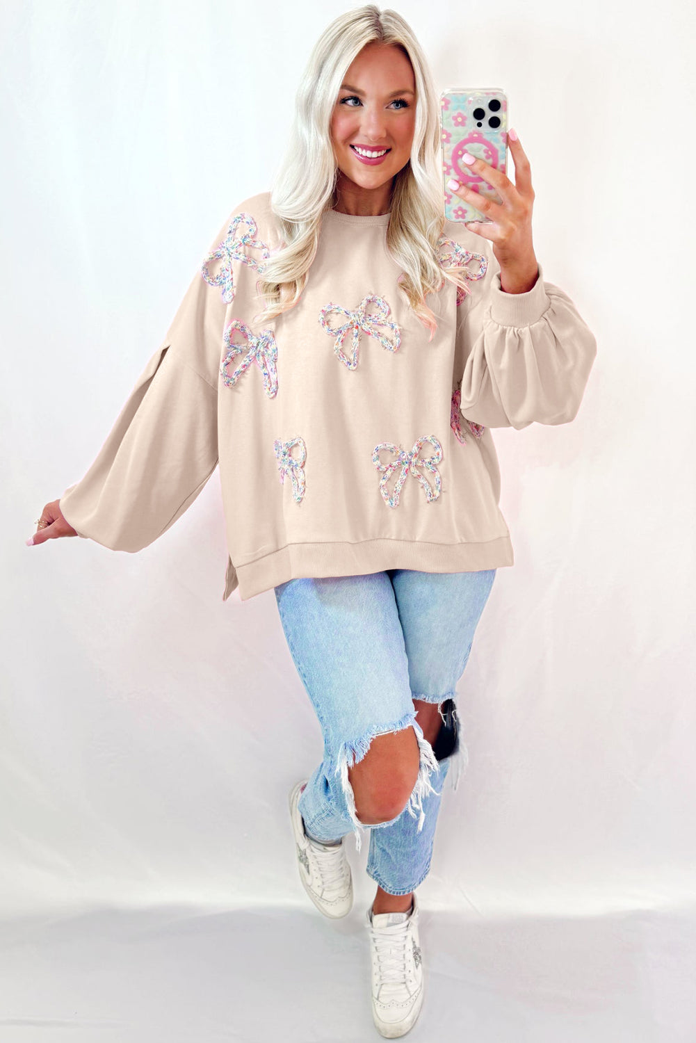 Embroidered Bow Lantern Sleeve Oversized Pullover Sweatshirt