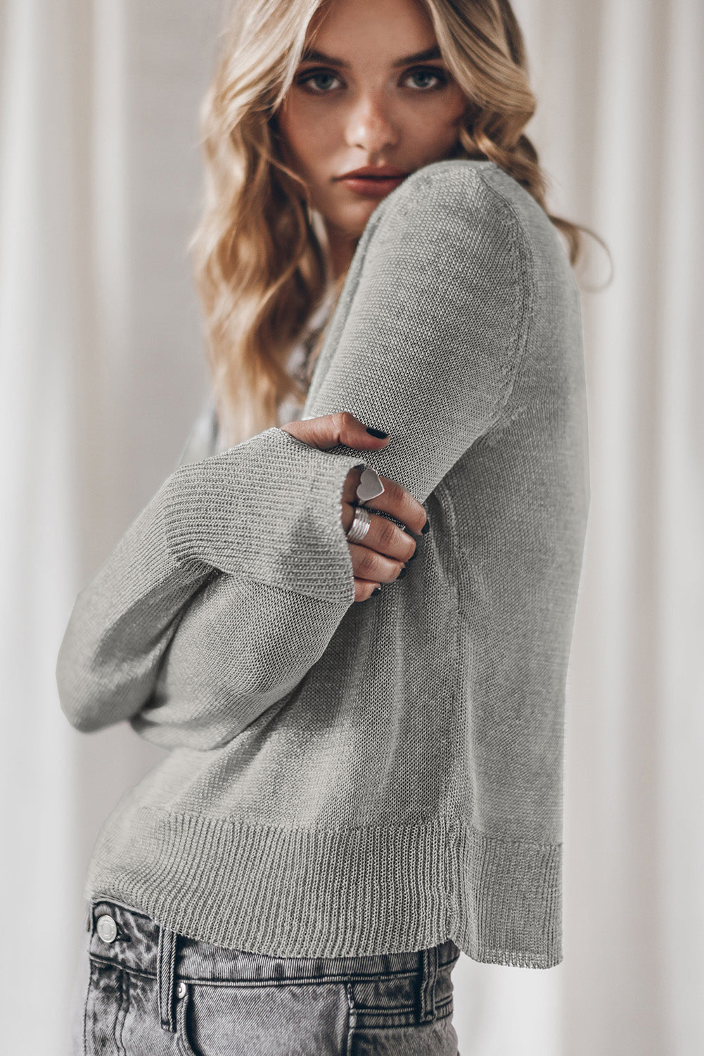 Solid Color Thumbhole Sleeve Ribbed Edge Sweater