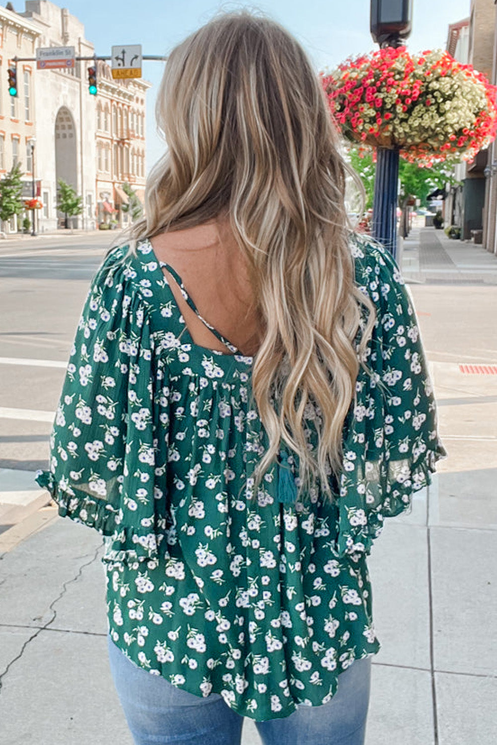 Floral Print Square Neck Ruffled Trim Plus Size Blouse