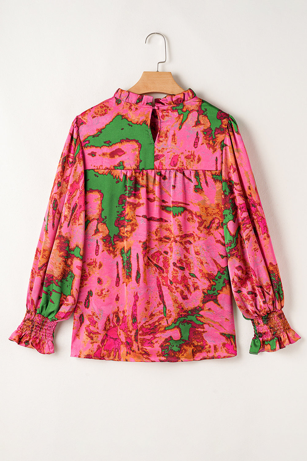 Abstract Print Frilly Neckline Puff Sleeve Blouse