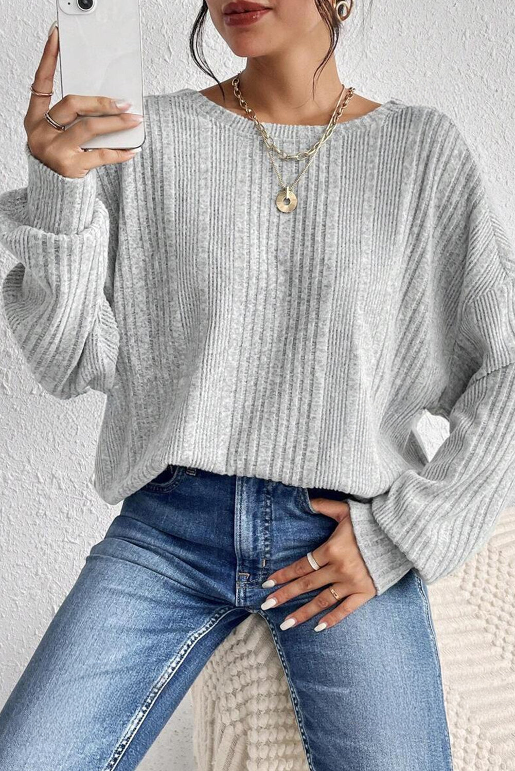 Textured Crossover Backless Knit Long Sleeve Top