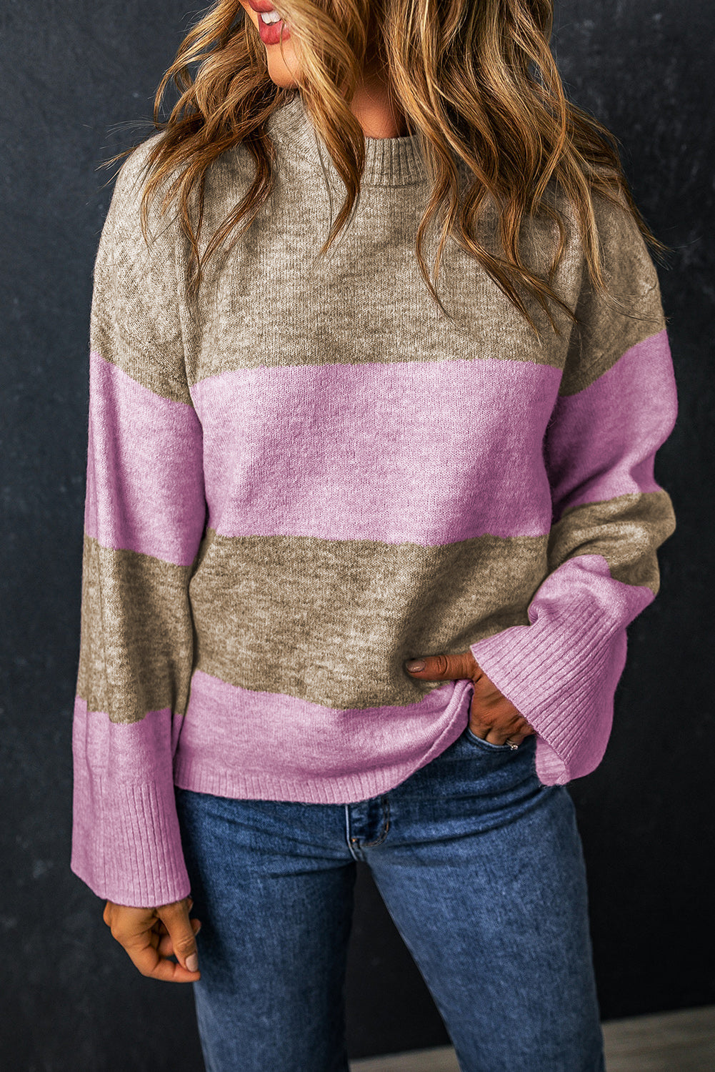 Stripe Crew Neck Wide Sleeve Colorblock Sweater