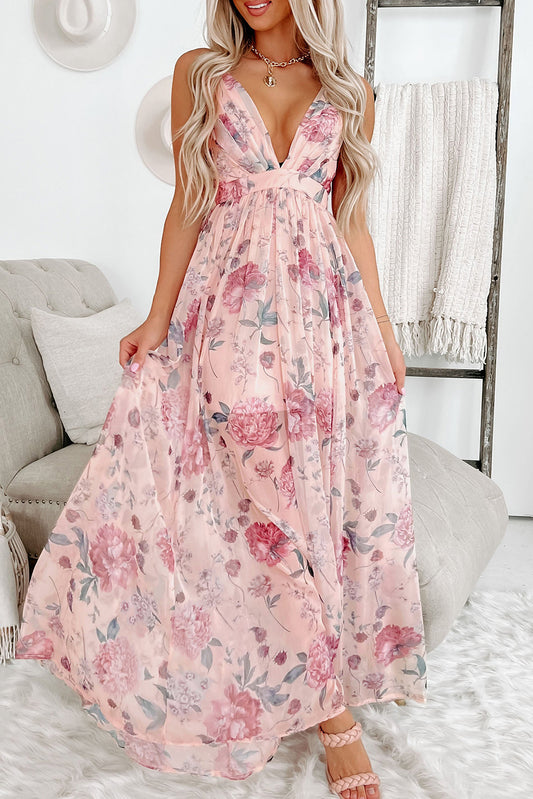 Floral Pleated Bust Deep V Empire Waist Backless Maxi Dress