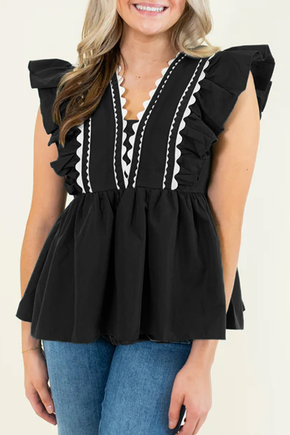 Contrast Ricrac Trim Ruffled V Neck Peplum Top