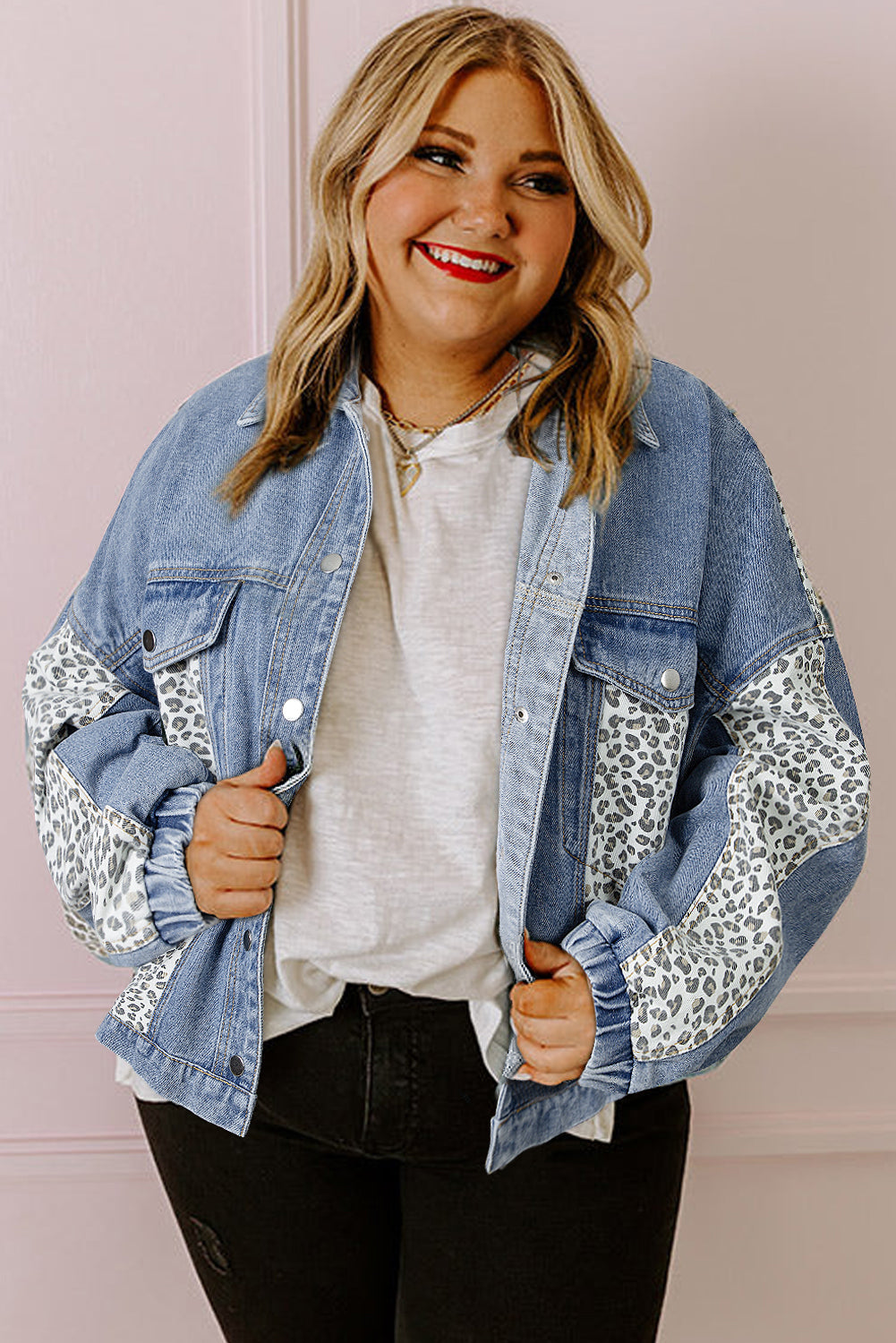 Leopard Patchwork Flap Detail Plus Size Denim Jacket