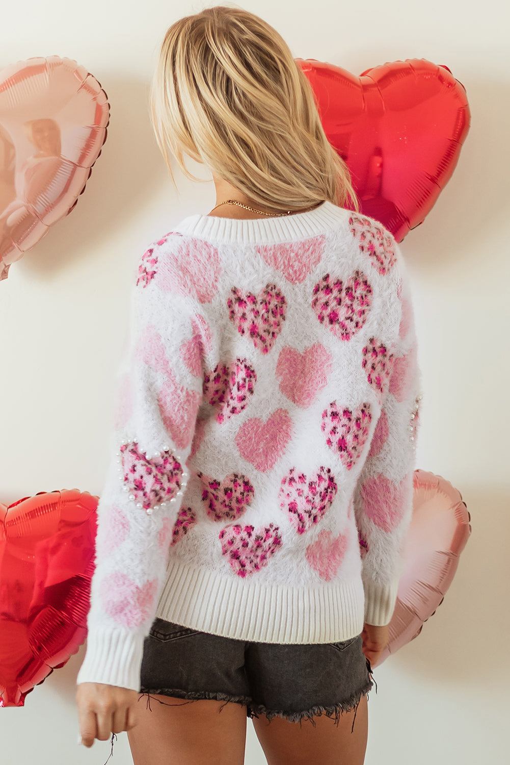 Heart Leopard Print Pearled Ribbed Trim Fuzzy Sweater