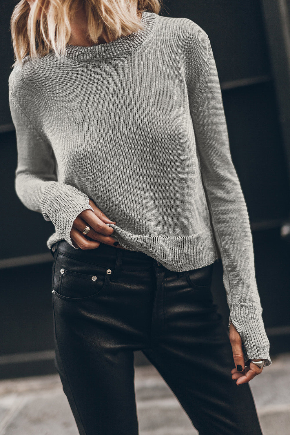 Solid Color Thumbhole Sleeve Ribbed Edge Sweater